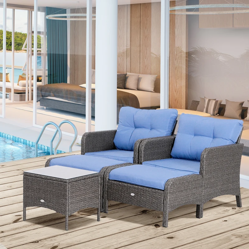 Outsunny 5 Pieces Rattan Wicker Lounge Chair Outdoor Patio Conversation Set with 2 Cushioned Chairs, 2 Ottomans and Tempered Glass Top Coffee Table, Gray/Blue