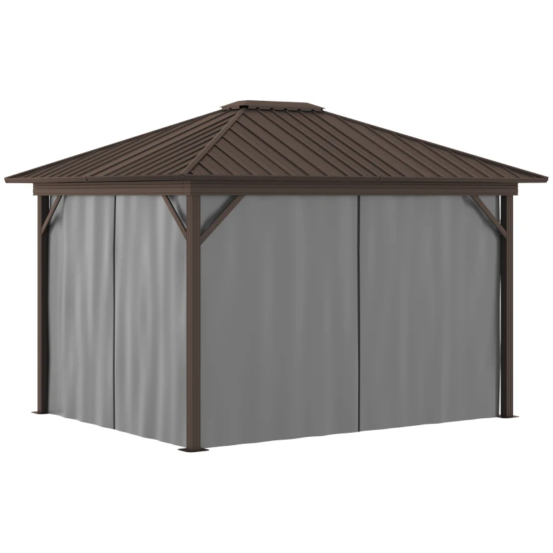Outsunny 10' x 12' Hardtop Gazebo with Curtains and Netting, Permanent Pavilion Metal Single Roof Gazebo Canopy with Aluminum Frame and Hooks, for Garden, Patio, Backyard, Gray
