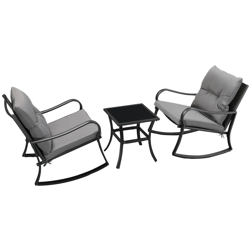 Outsunny 3 Pieces Patio Wicker Rocking Chairs Table Set, Outdoor PE Rattan Furniture with 2 Rockers & 1 Coffee Table w/ Padded Cushions for Deck, Backyard, Garden, Dark Grey