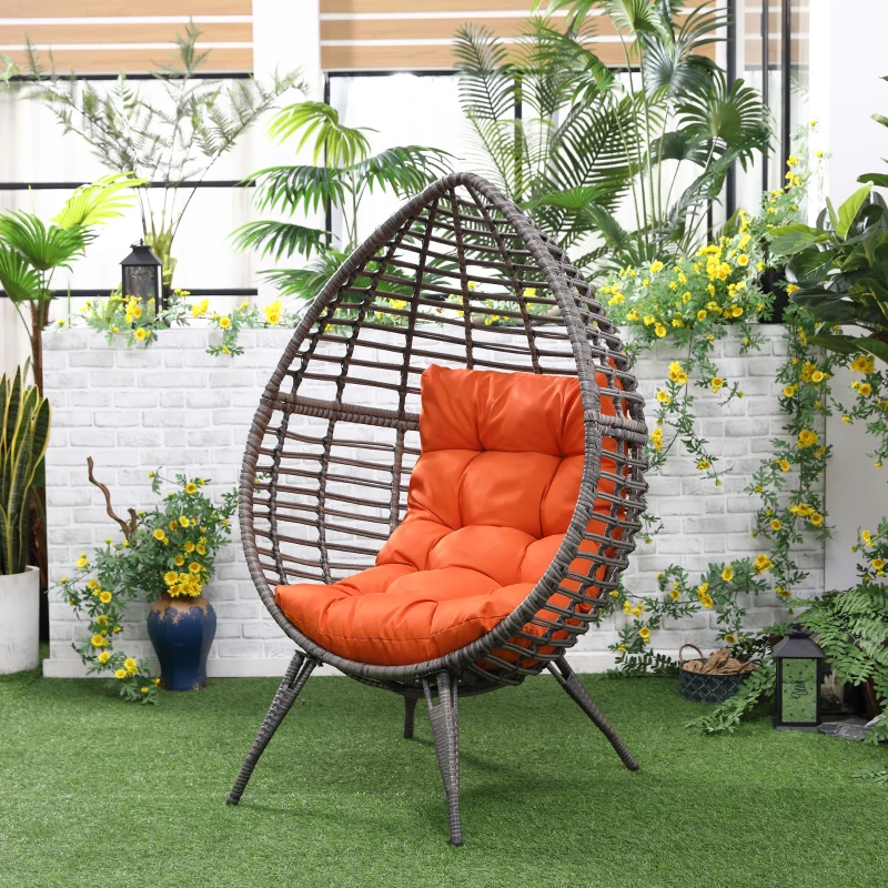 Outsunny Patio Wicker Egg Chair w/ Soft Cushion, Teardrop Cuddle Seat, Outdoor / Indoor Patio Chair, PE Plastic Rattan Furniture with Adjustable Height Feet Pads, Orange