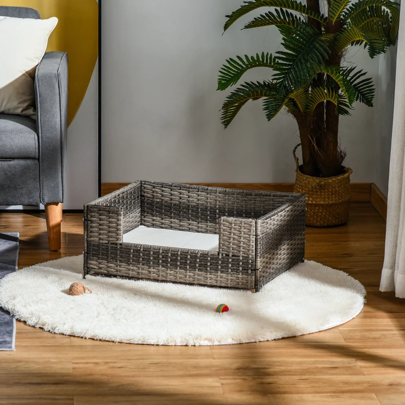 PawHut Rattan Pet Bed Raised Wicker Dog Sofa for Doggy and Cat Indoor & Outdoor with Soft Washable Cushion Gray