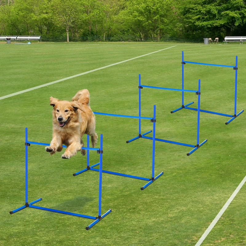 PawHut 4 Piece Dog Agility Starter Kit with Adjustable Height Jump Bars, Included Carry Bag & Displacing Top Bar - Blue