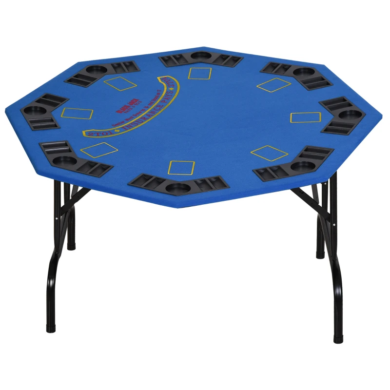 Soozier Poker Table Foldable, 47" Octagon Blackjack Poker Game Table for 8 Players with Cup Holders and Chips Tray, Blue Felt