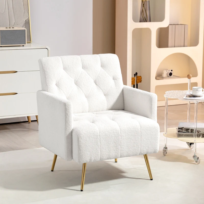 HOMCOM Upholstered Armchair, Modern Sherpa Accent Chair, Tufted Reading Chair for Living Room with Gold Steel Legs, White