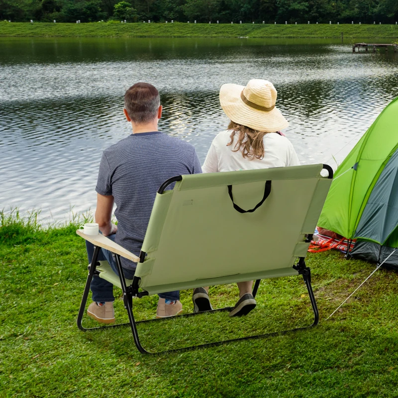Outsunny Double Folding Camping Chair, Loveseat for 2 Adults, Portable Camping Couch with Wood Armrest & Cupholders, for Backpacking, Beach, Sports Travel, Green