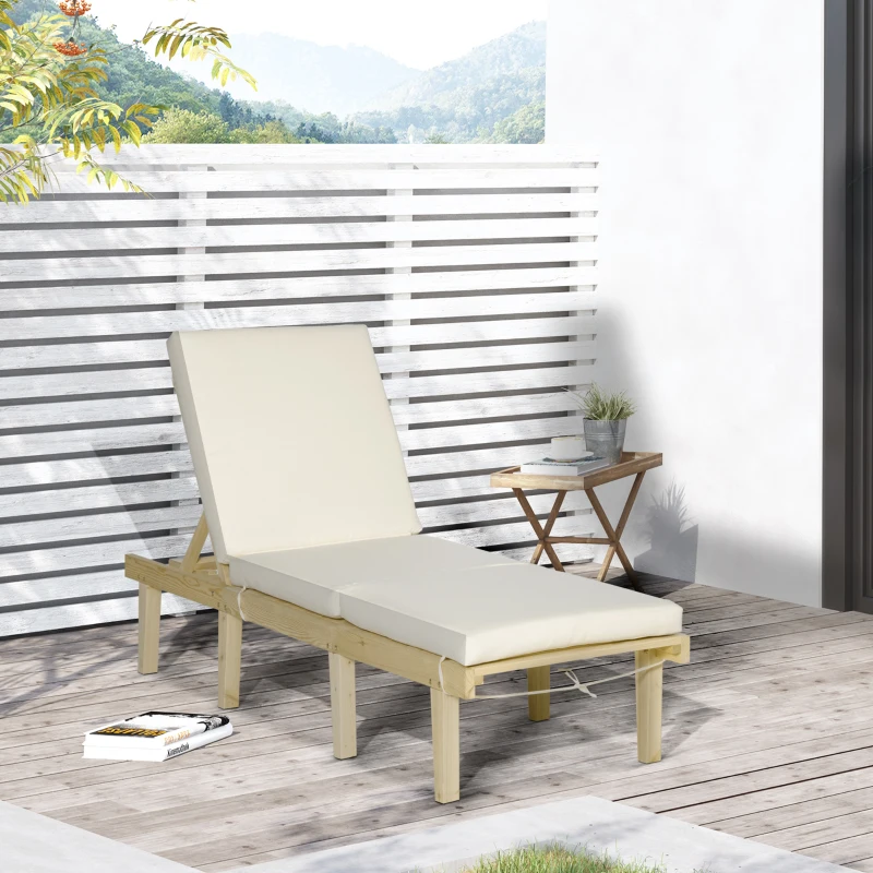 Outsunny Chaise Lounge Chair for Outdoor, Wood Outdoor Chaise Lounge with 4-Position Adjustable Backrest and Cushion, Reclining Beach Lounge Chair for Deck, Pool, Lawn and Sunbathing, Natural