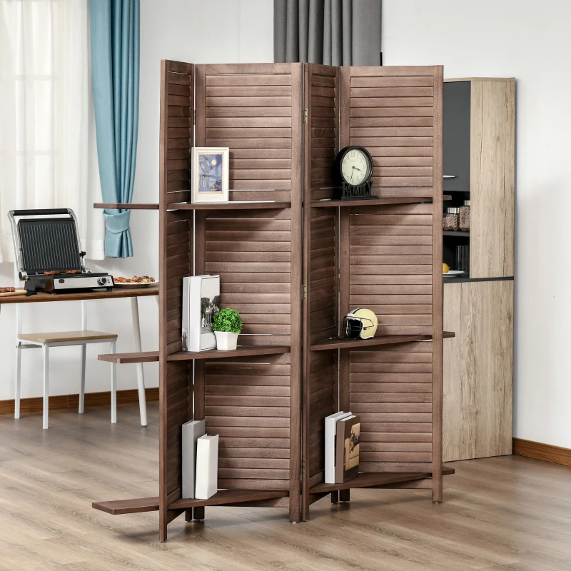 HOMCOM Room Divider, 4 Panel 67" Tall Wood Privacy Screen with 3 Display Shelves, and Folding Storage for Bedroom or Home Office, Walnut