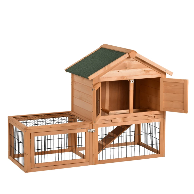 PawHut 53" Wooden Rabbit Hutch Bunny House Poultry Cage With Outdoor Run, Removable Tray, Ramp and Weatherproof Roof