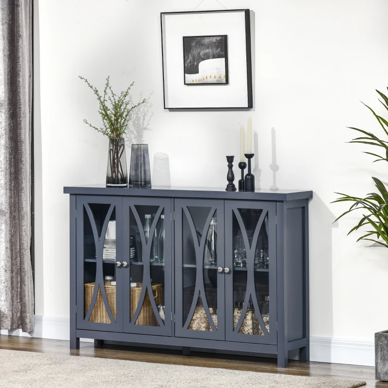 HOMCOM Sideboard, Buffet Cabinet with 4 Tempered Glass Doors, Arc Pattern and Adjustable Storage Shelf, Credenza, Gray