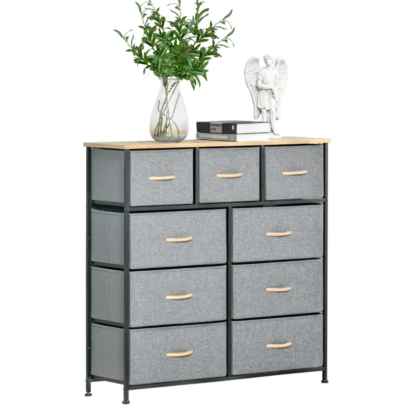 HOMCOM 9 Drawers Storage Chest Dresser Organizer Unit w/ Steel Frame, Wood Top, Easy Pull Fabric Bins, for Hallway, Closet, Entryway, Oak & Grey