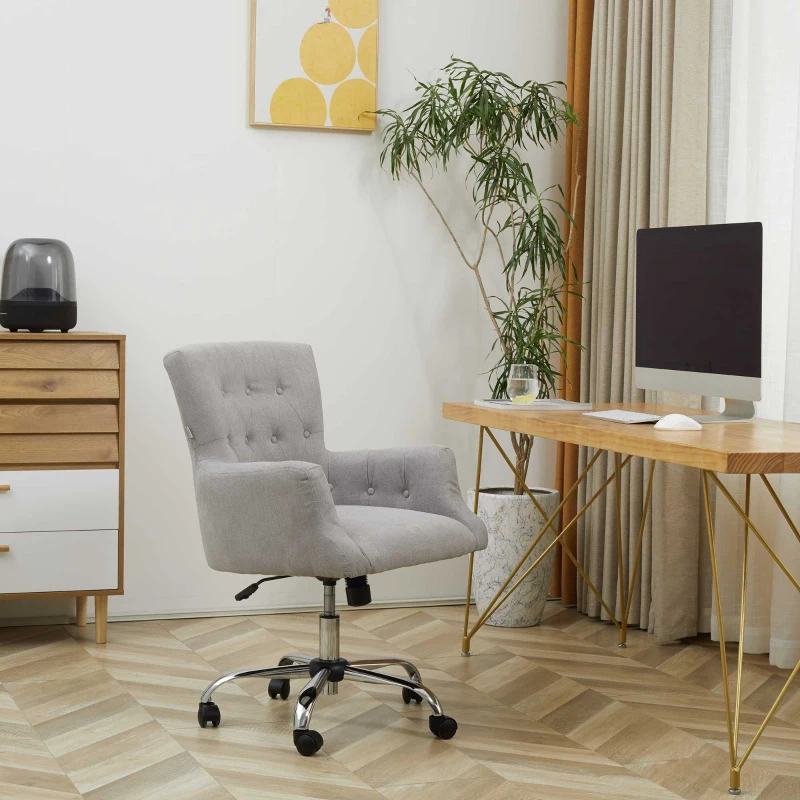 HOMCOM Mid Back Task Chair, Modern Home Office Chair with Tufted Button Design and Padded Armrests, Swivel Computer Desk Chair for Study Living Room Bedroom, Gray