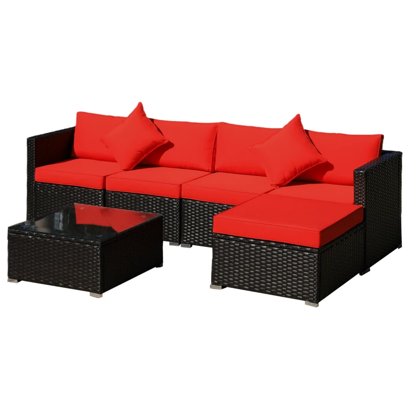 Outsunny 6 Piece Patio Furniture Set Outdoor Wicker Conversation Set All Weather PE Rattan Sectional Sofa Set with Ottoman, Cushions and Tempered Glass Table, Coffee and Red