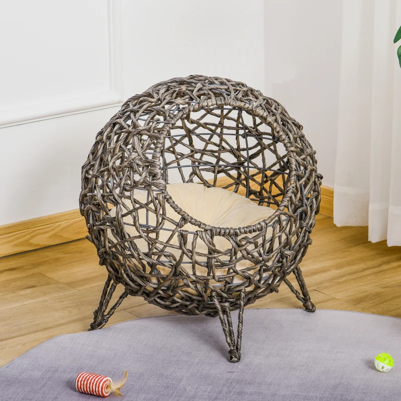 PawHut 20.5" Rattan Cat Bed, Kitten House, Elevated Round Condo for Comfort and Circulation with Cushion, Round Design