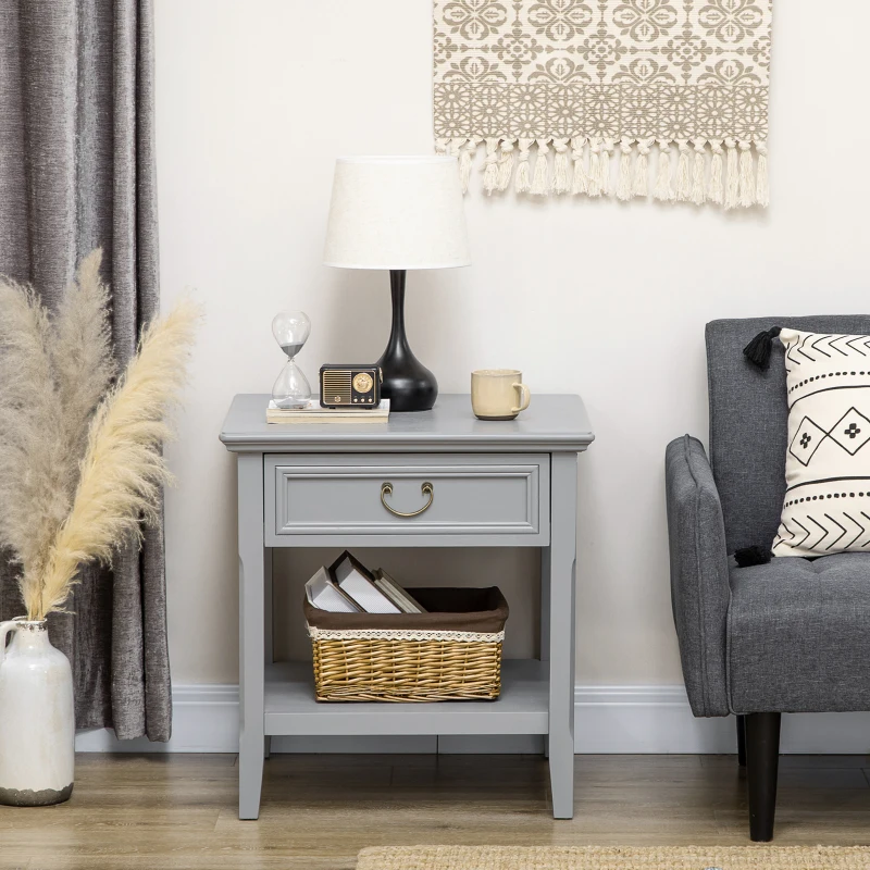 HOMCOM Retro Side Table, End Table with Storage Drawer and Open Shelf for Living Room, Bedroom, Gray