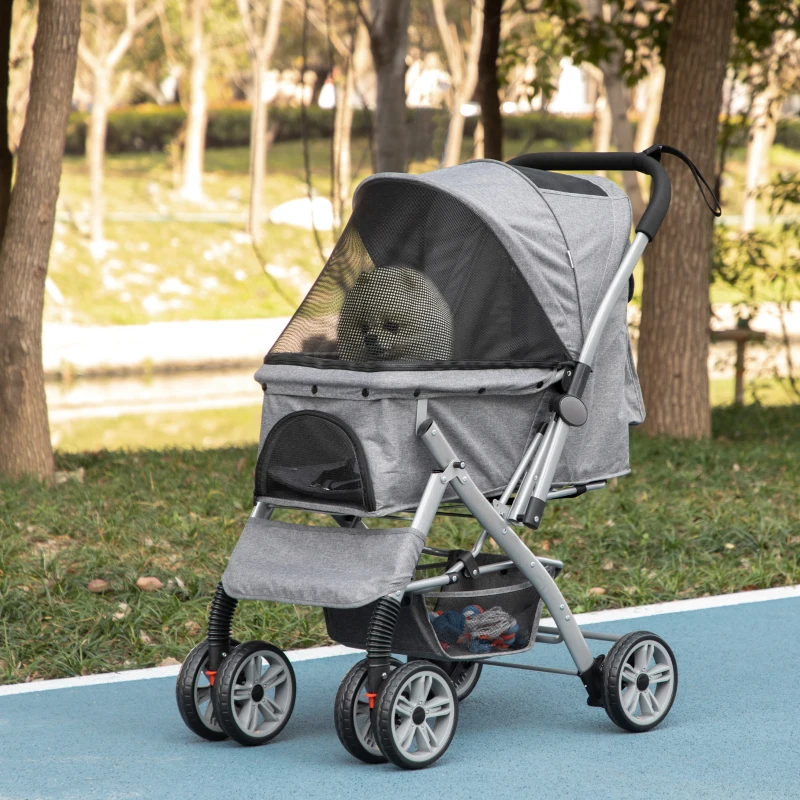 PawHut Pet Stroller Foldable Dog/Cat Travel Carriage with Reversible Handle EVA Wheels Brakes Storage Bag, 3-stage Canopy, Zippered Mesh Window Door, Grey