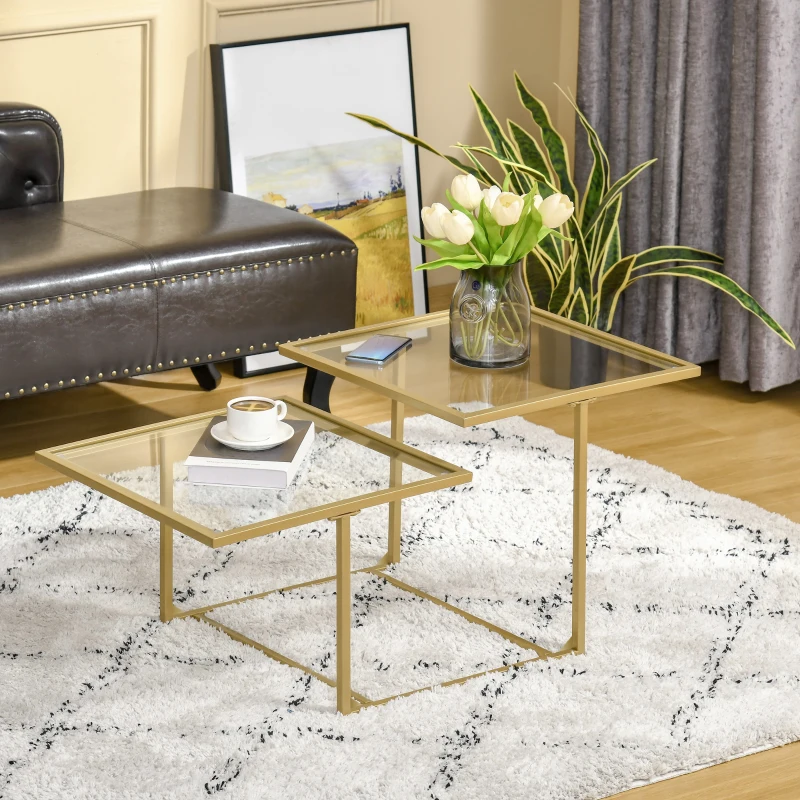 HOMCOM Coffee Table, Tempered Glass Coffee Table with 2 Square Tabletops, Modern Coffee Tables for Living Room, Bedroom, Gold