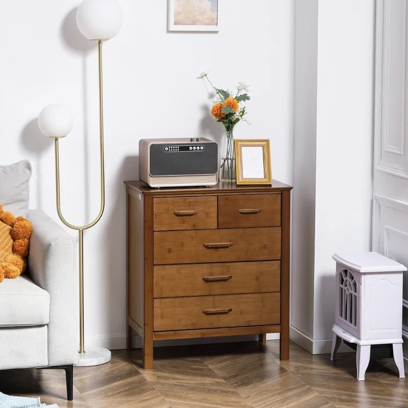 HOMCOM Tall Dresser for Bedroom, 5 Drawer Dresser, Chest of Drawers with Bamboo Frame, Brown