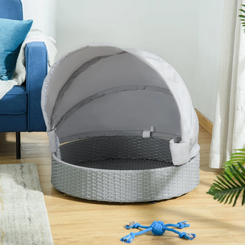 PawHut Wicker Dog Bed Rattan Pet Sofa with Adjustable Canopy Pet House Shelter for Small Dogs with Cushion Indoor Outdoor, Grey