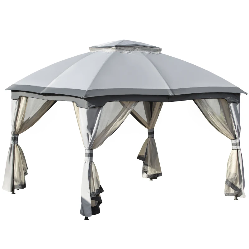 Outsunny 12' x 10' 2-Tier Outdoor Gazebo Canopy Tent for Patio with Zippered Mesh Sidewalls, Solid Steel Frame, Arched Roof, Grey