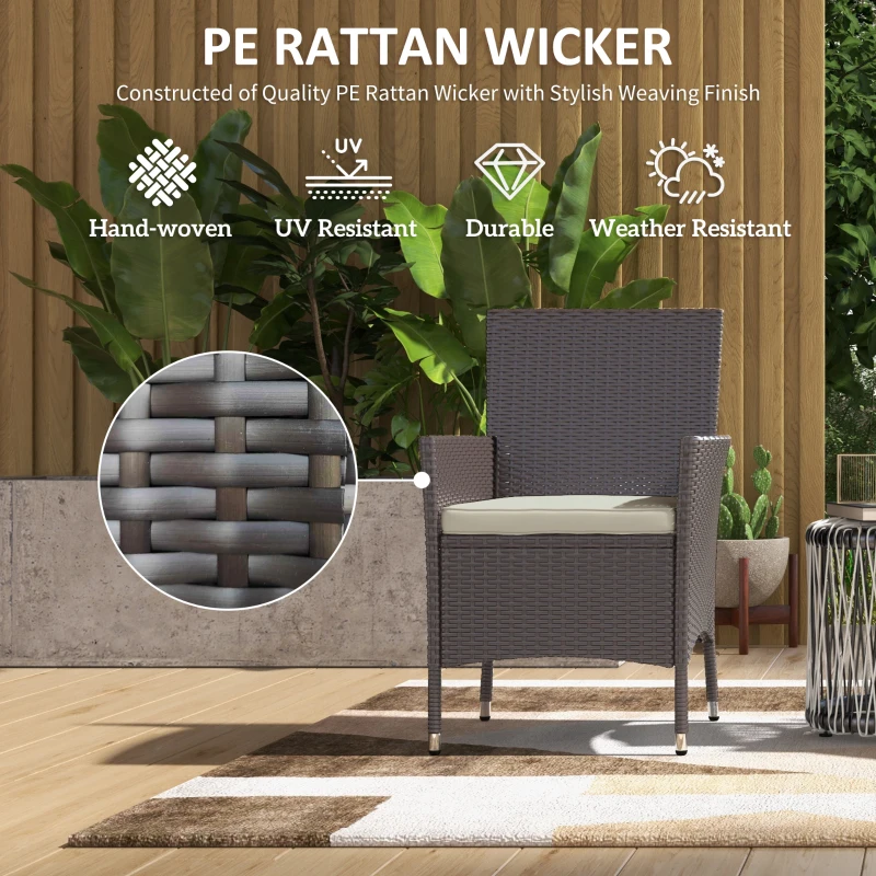 Outsunny 2 PCS Rattan Wicker Dining Chairs with Cushions and Anti-Slip Foot, Patio Stackable Chairs Set for Backyard, Garden, Lawn, Dark Coffee