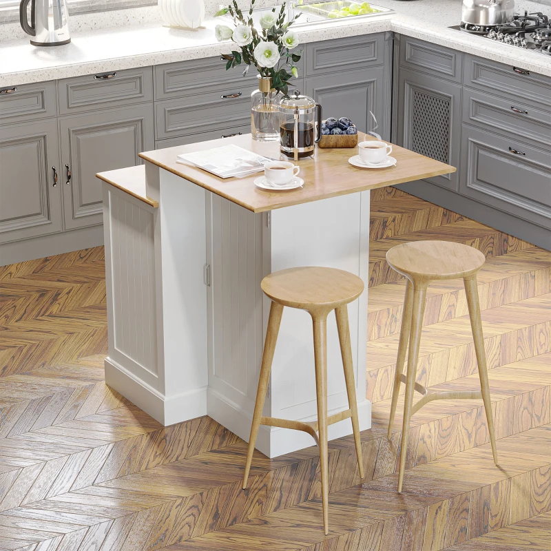 HOMCOM Kitchen Island with 2-Level Rubber Wood Tabletop, Island Table with Adjustable Shelves and Drawers, White