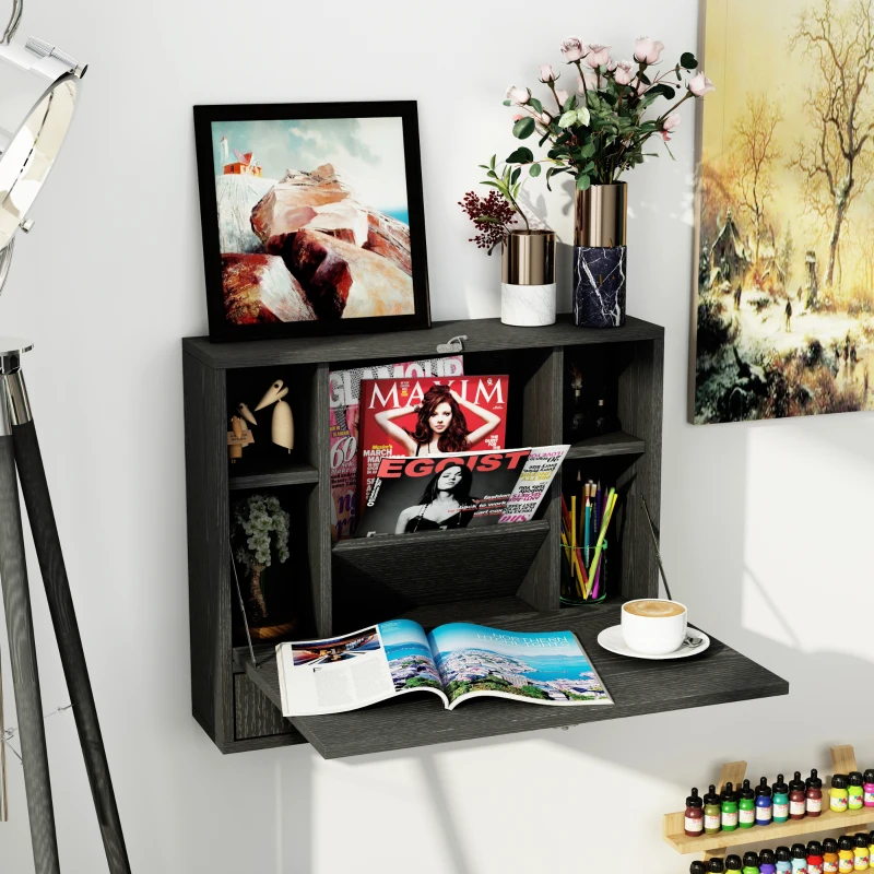 HOMCOM Wall Mounted Desk with Storage Shelves, Floating Desk with Foldable Tabletop, Space Saving Computer Writing Table for Home Office, 23.5 x 6 x 19.75 Inch, Black
