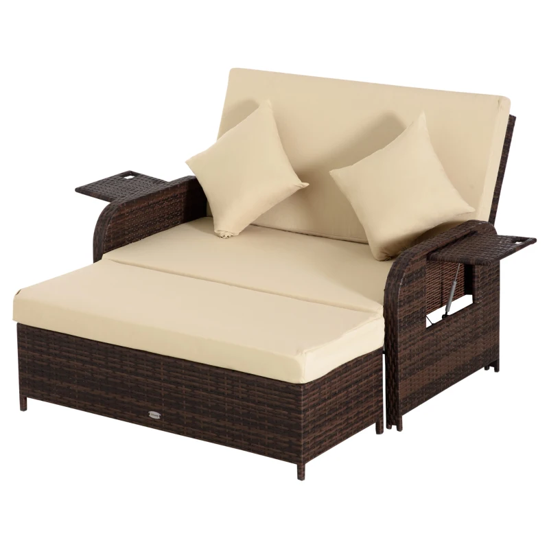 Outsunny Patio Rattan Daybed with Cushions, Wicker Outdoor Bed Lounger w/ Loveseat, Storage Ottoman, Coffee & Side Tables, for Poolside, Porch, Backyard, Beige
