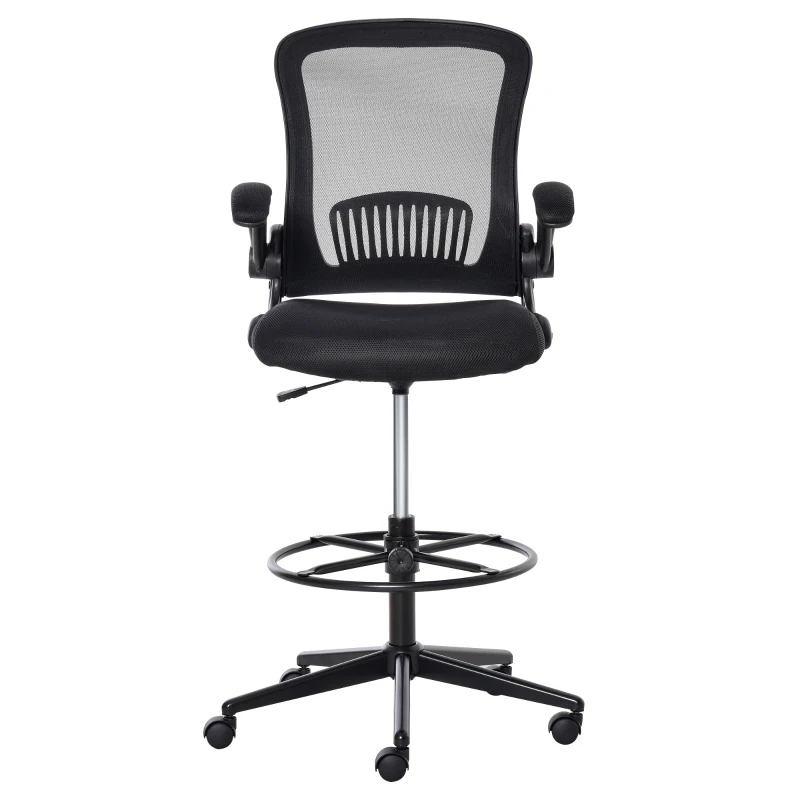 Vinsetto Tall Drafting Desk Chair Computer Desk Home Office Mesh Standing Chair with Mid Back, Foot Ring, Flip-up Arm, 360° Swivel Wheels, Black