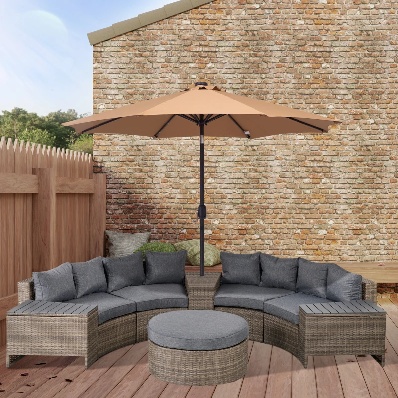 Outsunny 8 Piece Outdoor Rattan Sofa, Half Round Patio Furniture Set with Side Tables, Umbrella Hole, and Cushions, Mixed Kahki and Mixed Gray