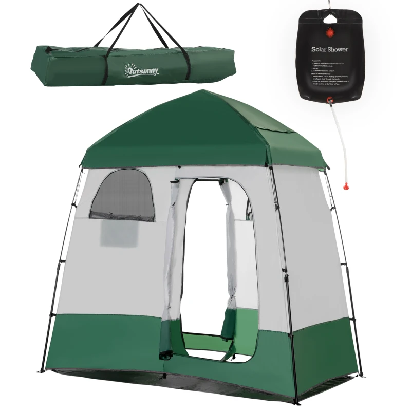 Outsunny Two Room Pop Up Shower Tent with Shower Bag, Floor and Carry Bag, Green