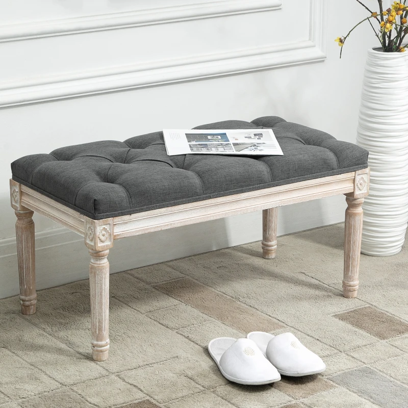 HOMCOM 32" Vintage Ottoman, Tufted Foot Stool with Upholstered Seat, Rustic Wood Legs for Bedroom, Living Room, Gray