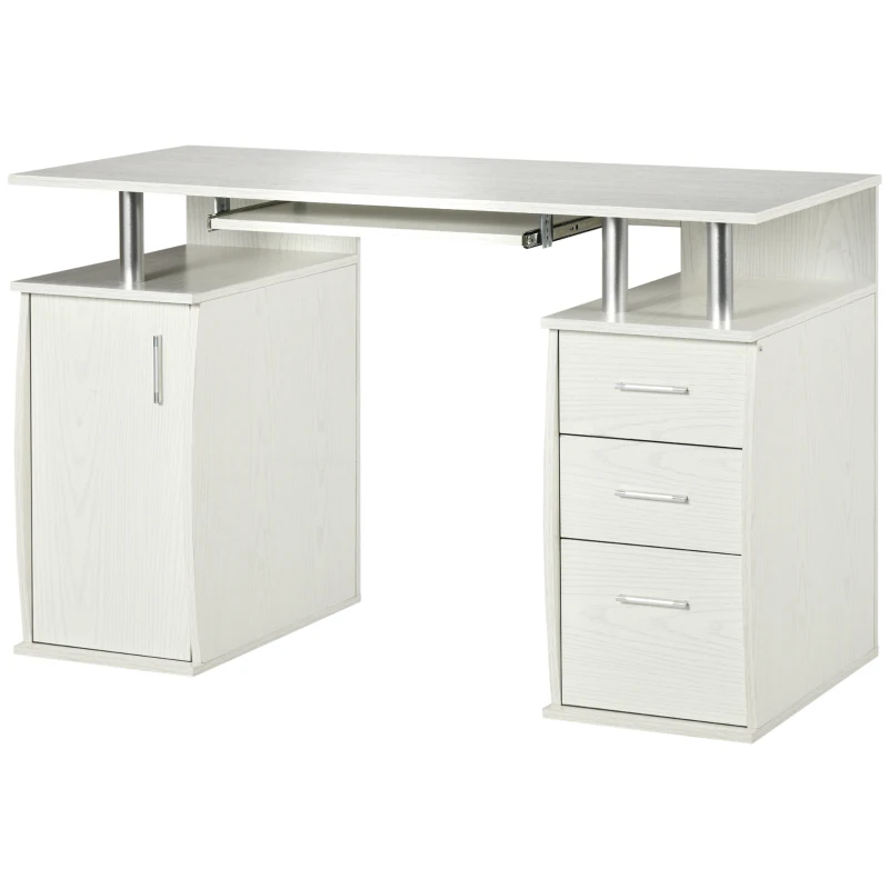 HOMCOM 47" Computer Desk with Keyboard Tray and Storage Drawers, Home Office Workstation Table with Storage Shelves, White Wood Grain