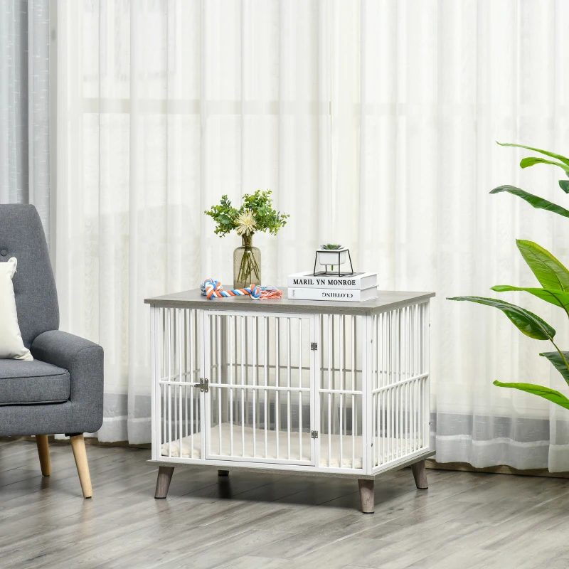 PawHut Dog Crate Furniture, Wooden End Table with Cushion & Lockable Door, Medium Size Pet Crate Indoor Puppy Cage, Grey