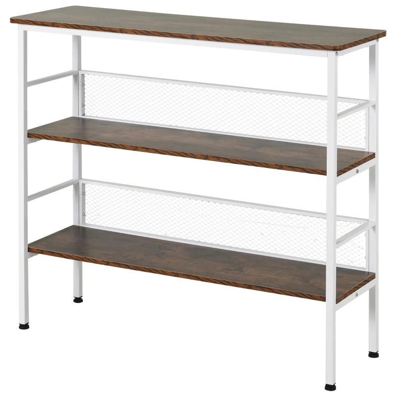 HOMCOM 3-Tier Console Table Industrial Style Storage Metal Wooden Shelf with a Robust Multi-Functional Design & Adjustable Feet, White