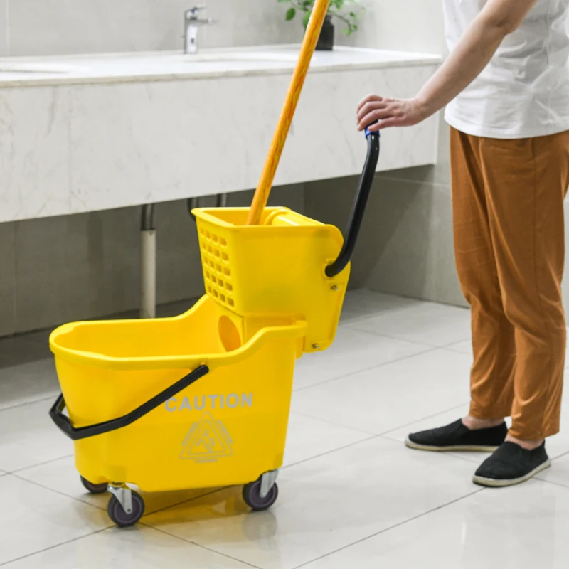 HOMCOM Mop Bucket Cart with Side Press Wringer, Metal Handle and 34 Quart Capacity, Yellow