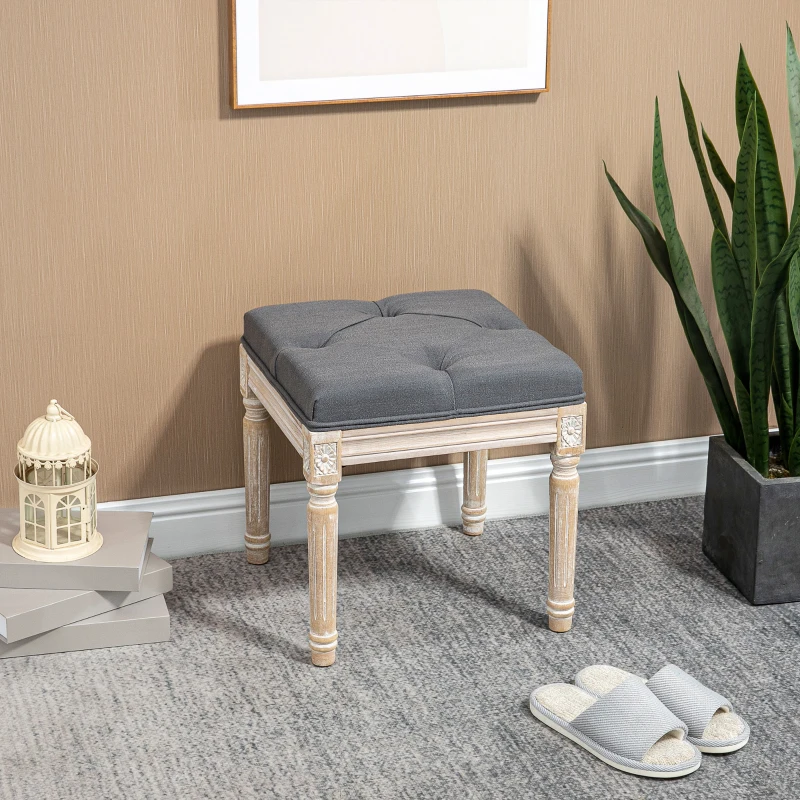 HOMCOM 16" Vintage Ottoman, Tufted Foot Stool with Upholstered Seat, Rustic Wood Legs for Bedroom, Living Room, Gray