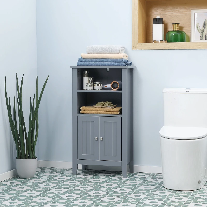 kleankin Bathroom Cabinet Organizer with 2-Tier Open Shelves, Double Door Enclosed Storage and Elevated Base, Dark Gray