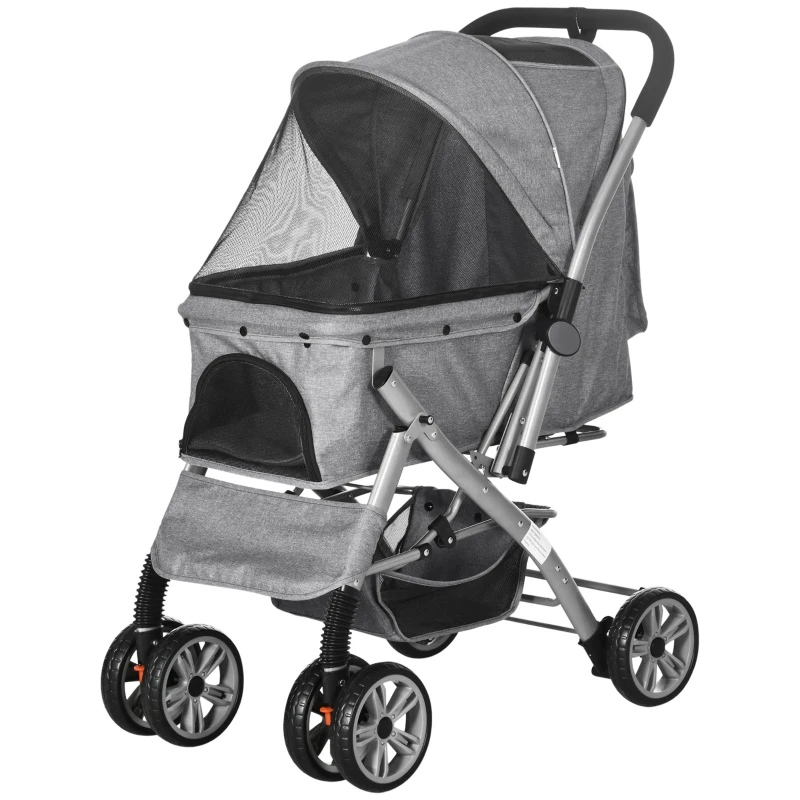 PawHut Pet Stroller Foldable Dog/Cat Travel Carriage with Reversible Handle EVA Wheels Brakes Storage Bag, 3-stage Canopy, Zippered Mesh Window Door, Grey
