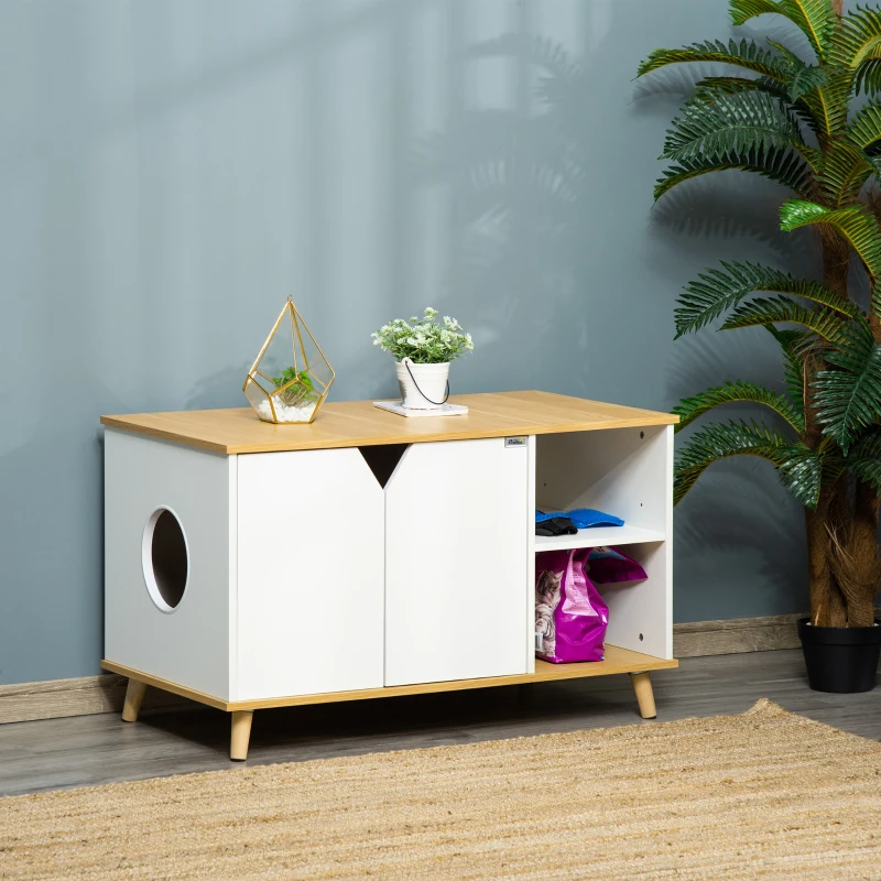 PawHut Cat Washroom with Damping Hinge, Multiple Storage Places, Adjustable Partition