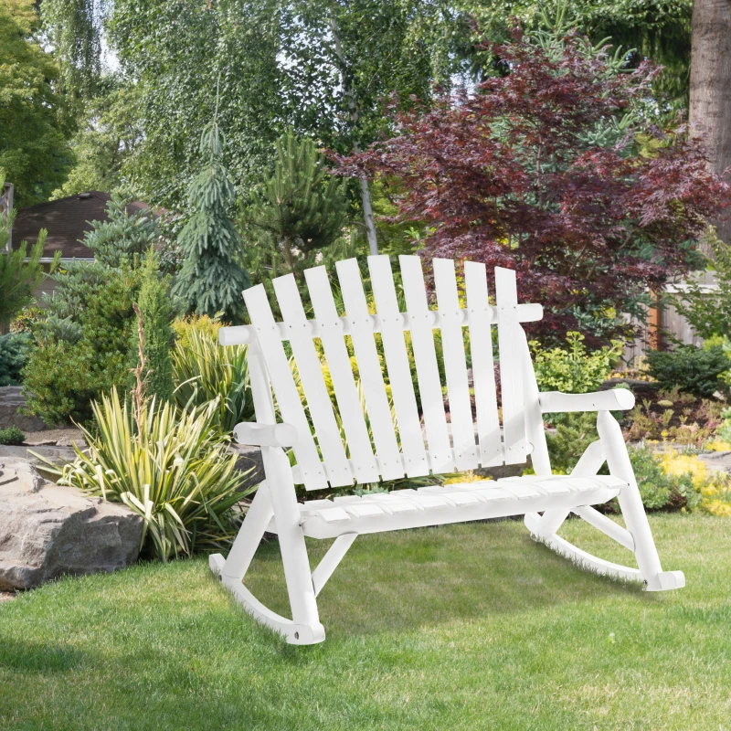 Outsunny Outdoor Wooden Rocking Chair, Double-Person Adirondack Rocking Patio Chair with Rustic High Back, Slatted Seat and Backrest for Indoor, Backyard, Garden, White