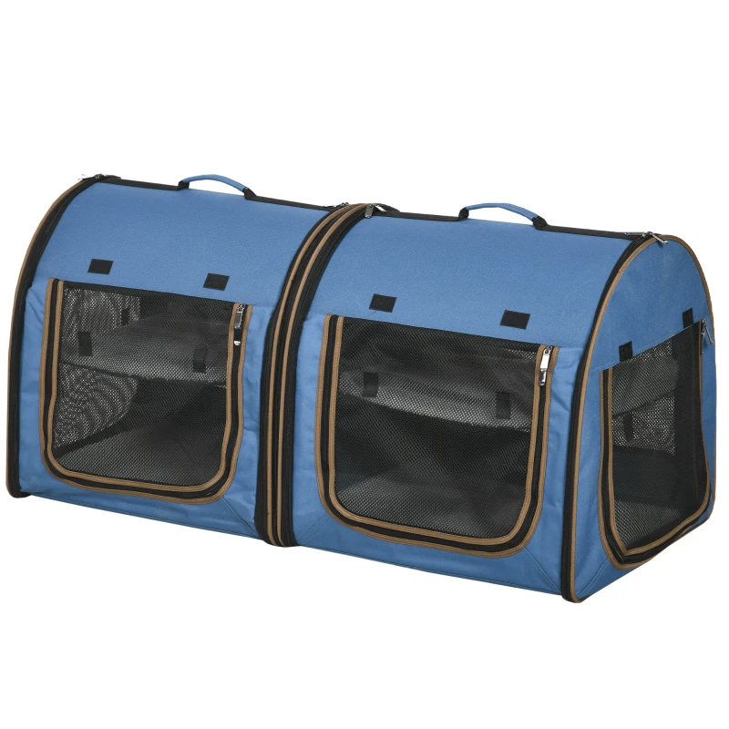PawHut 39" Portable Soft-Sided Cat Carrier, Cat Kennel, Travel Dog Crate with Divider, Two Compartments, Soft Cushions & Storage Bag, Easy to Fold, Blue