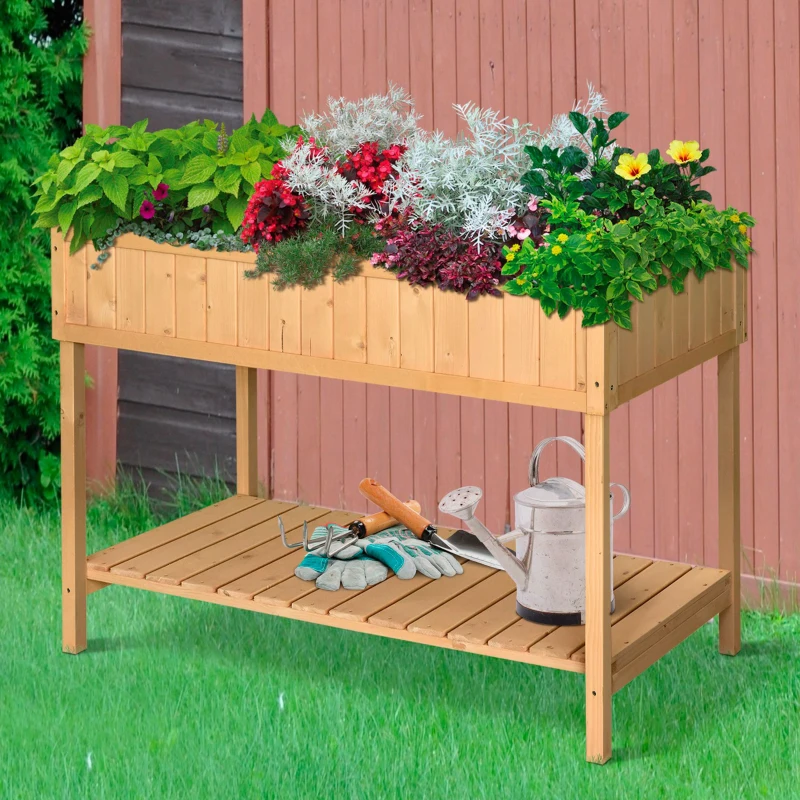 Outsunny 43x18x30in Raised Garden Bed with 8 Pockets and Shelf, Wooden Elevated Planter Box with Legs to Grow Herbs, Vegetables, and Flowers, Natural