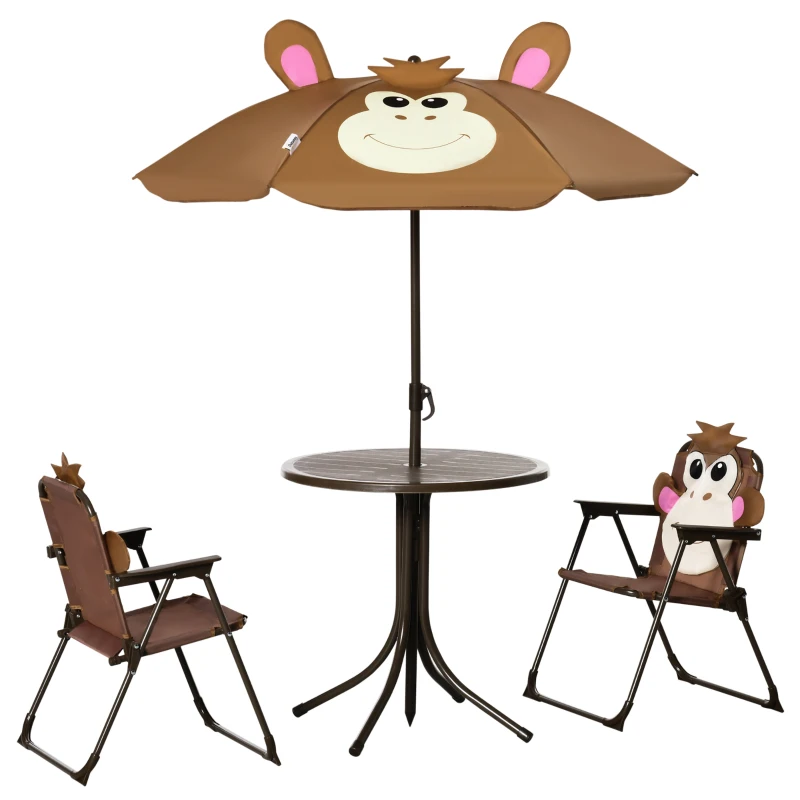 Outsunny Kids Table and Chair Set, Outdoor Folding Garden Furniture, Picnic Table for Patio Backyard, with Removable & Height Adjustable Sun Umbrella, Aged 3-6 Years Old, Brown