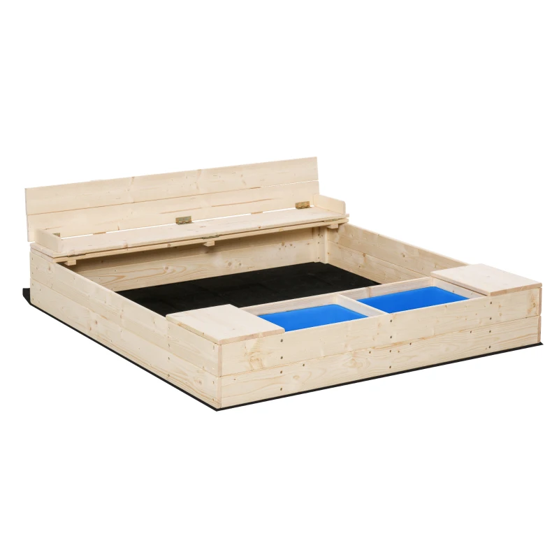 Outsunny Kids Wooden Sandbox w/ Two Plastic Boxes Foldable Bench Seat Waterproof Cover Bottom Liner Storage Space