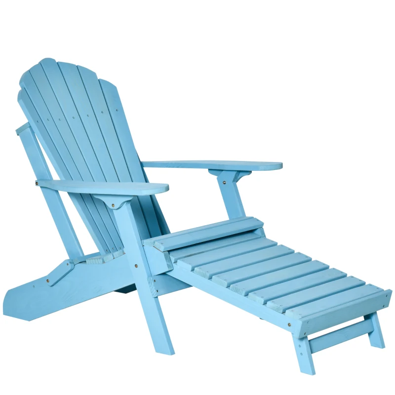 Outsunny Folding Adirondack Chair with Ottoman, Outdoor Wooden Lounger for Patio, Porch, Poolside, Garden, Blue