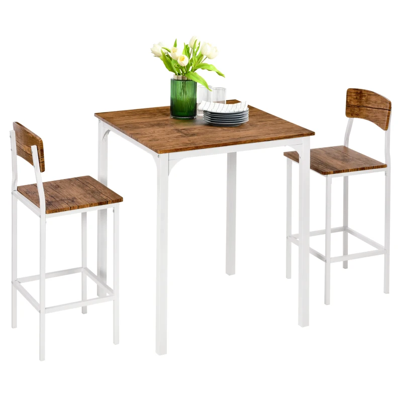 HOMCOM 3 Piece Industrial Counter Height Dining Table Set, Bar Table & Chairs with Steel Legs & Footrests, White
