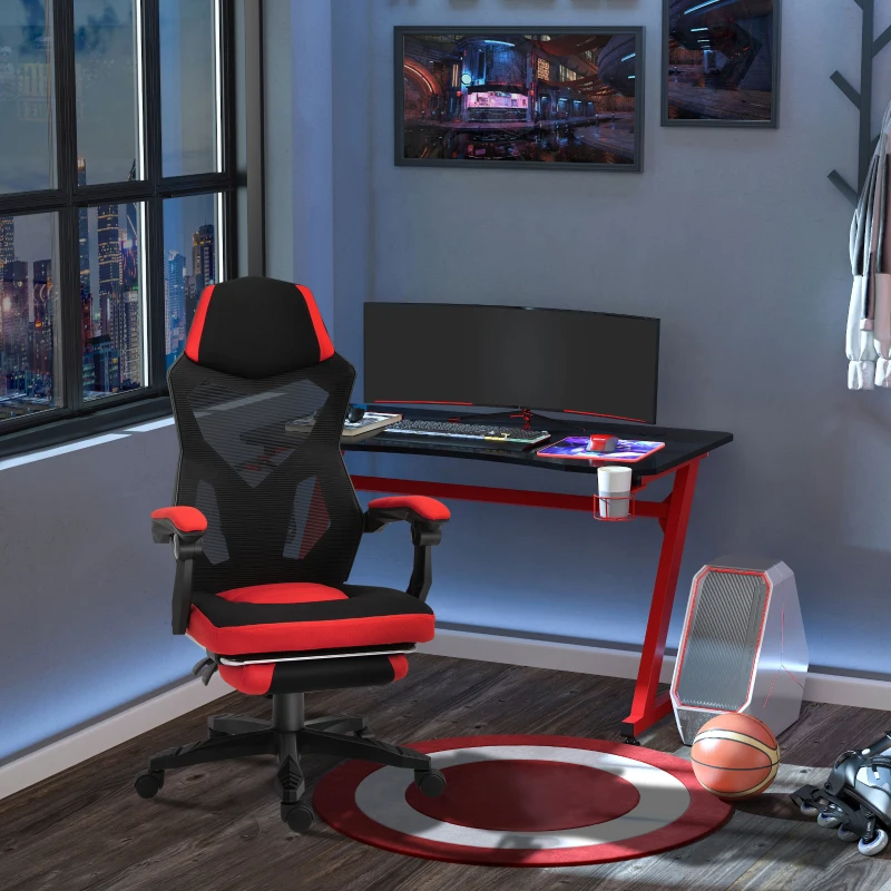 Vinsetto Ergonomic Home Office Chair High Back Armchair Computer Desk Recliner with Footrest, Mesh Back, Lumbar Support and Wheels, Red