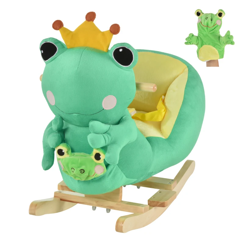 Qaba Kids Ride-On Rocking Horse Toy Frog Style Rocker with Fun Music, Seat Belt & Soft Plush Fabric Hand Puppet for Children 18-36 Months