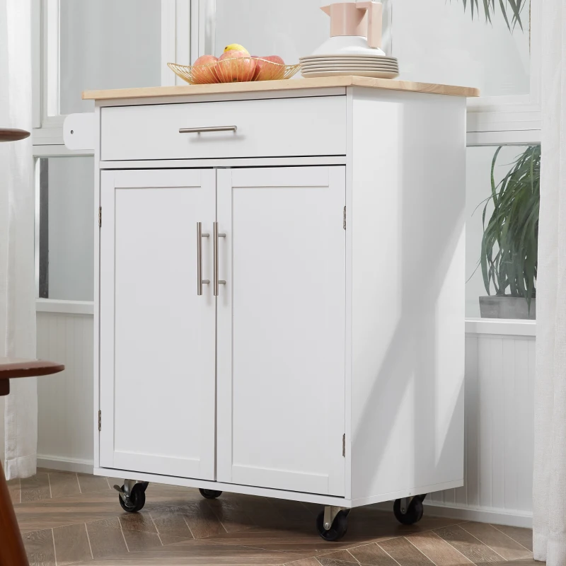 HOMCOM Kitchen Island Cart, Rolling Island Table with Solid Wood Top, Trolley Cart with Drawer, Storage Cabinet & Towel Rack, White