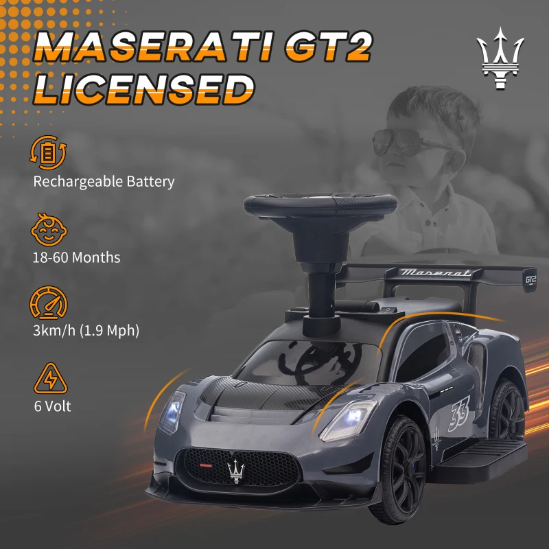 Qaba 6V Maserati GT2 Licensed Electric Car for Kids, Ride on Car with Under Seat Storage, LED Headlights Music, Grey